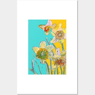 Abstract Yellow Daffodil Watercolor Pattern on Aqua Posters and Art